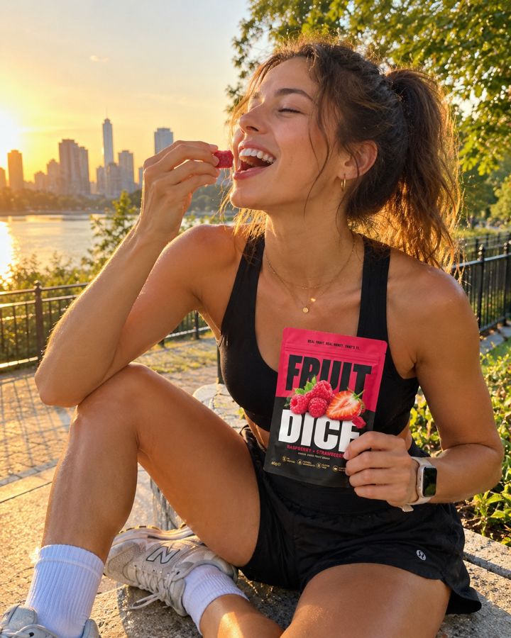 Runner eating a raspberry cube at sunset
