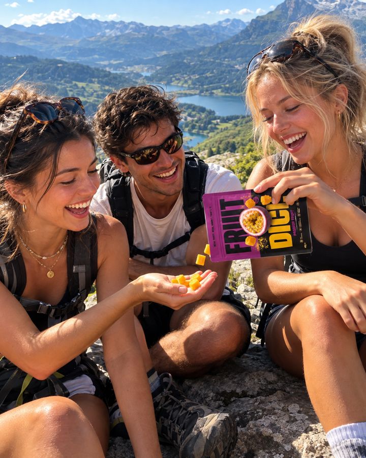 Friends sharing passion fruit cubes on a hike