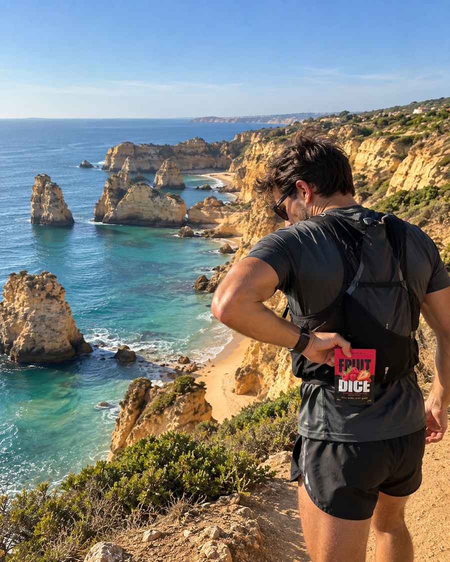Runner on a cliff path pulling a raspberry pouch from his vest