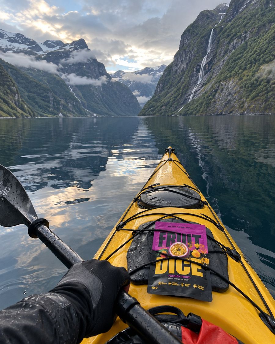 Passion fruit pouch on a kayak in a fjord