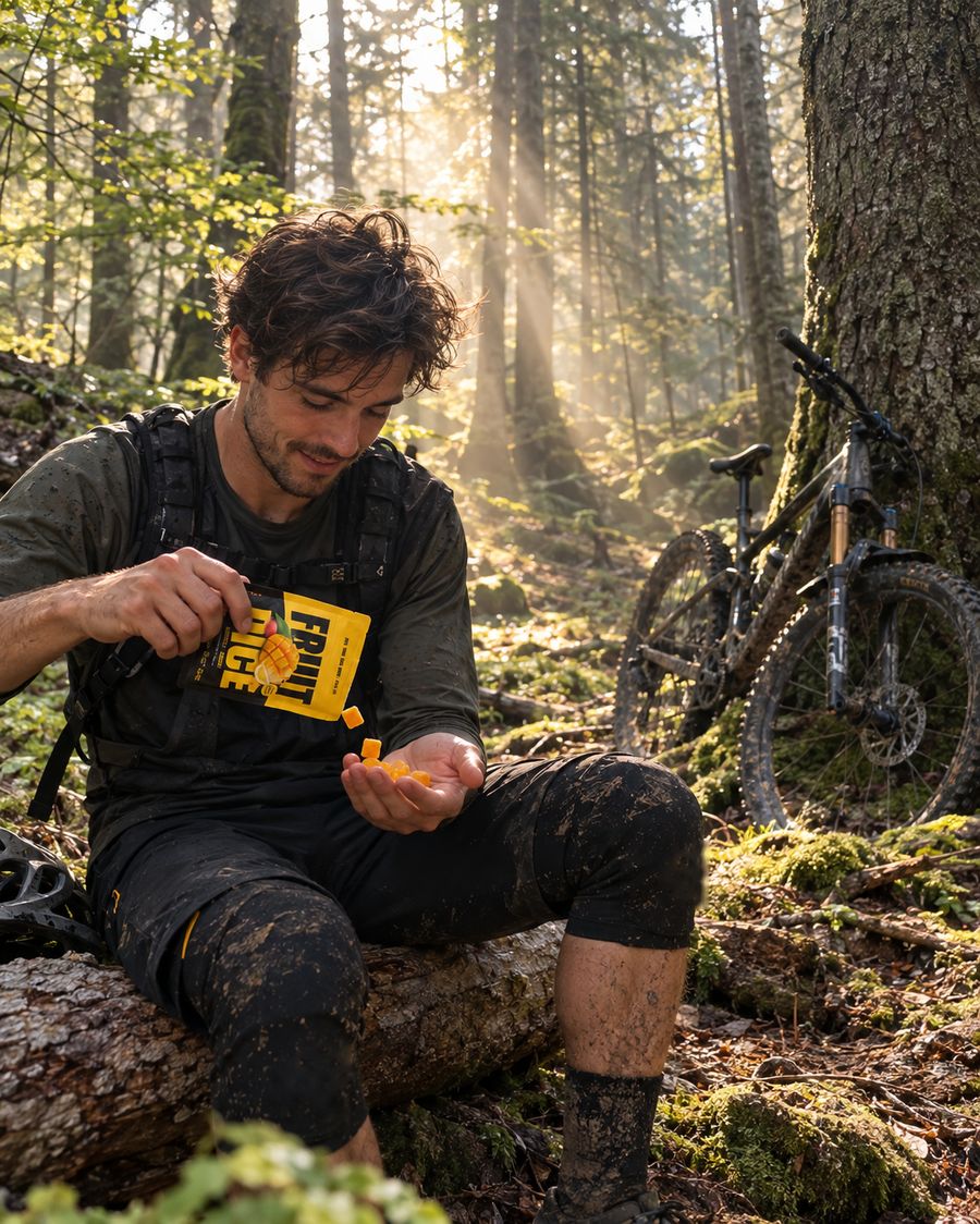 Mountain biker pouring mango cubes in a forest