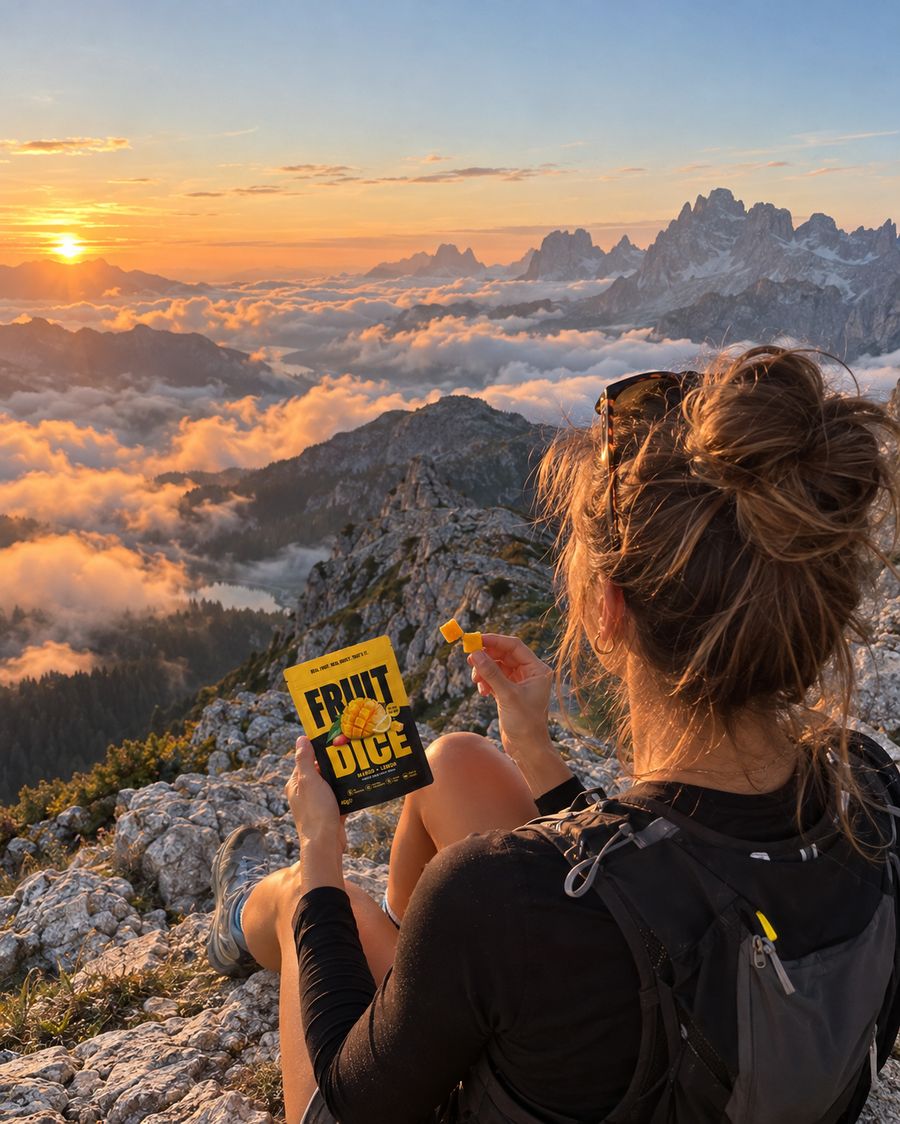 Runner on a Dolomites summit holding a mango pouch