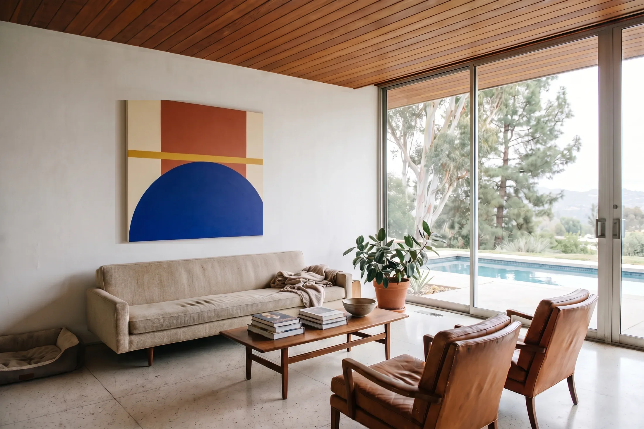 Los Angeles, bel air modernist house, with California Arc on the wall