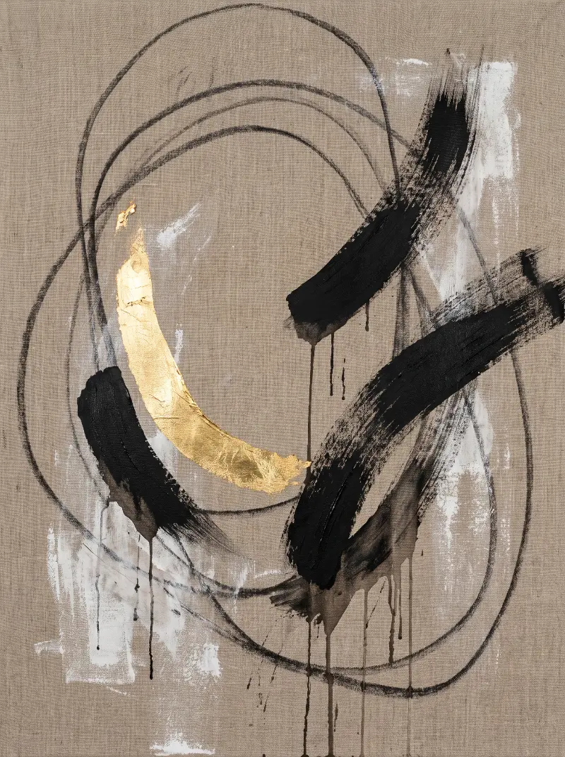 Salon No. 1, Oil stick, graphite and gold leaf on raw linen