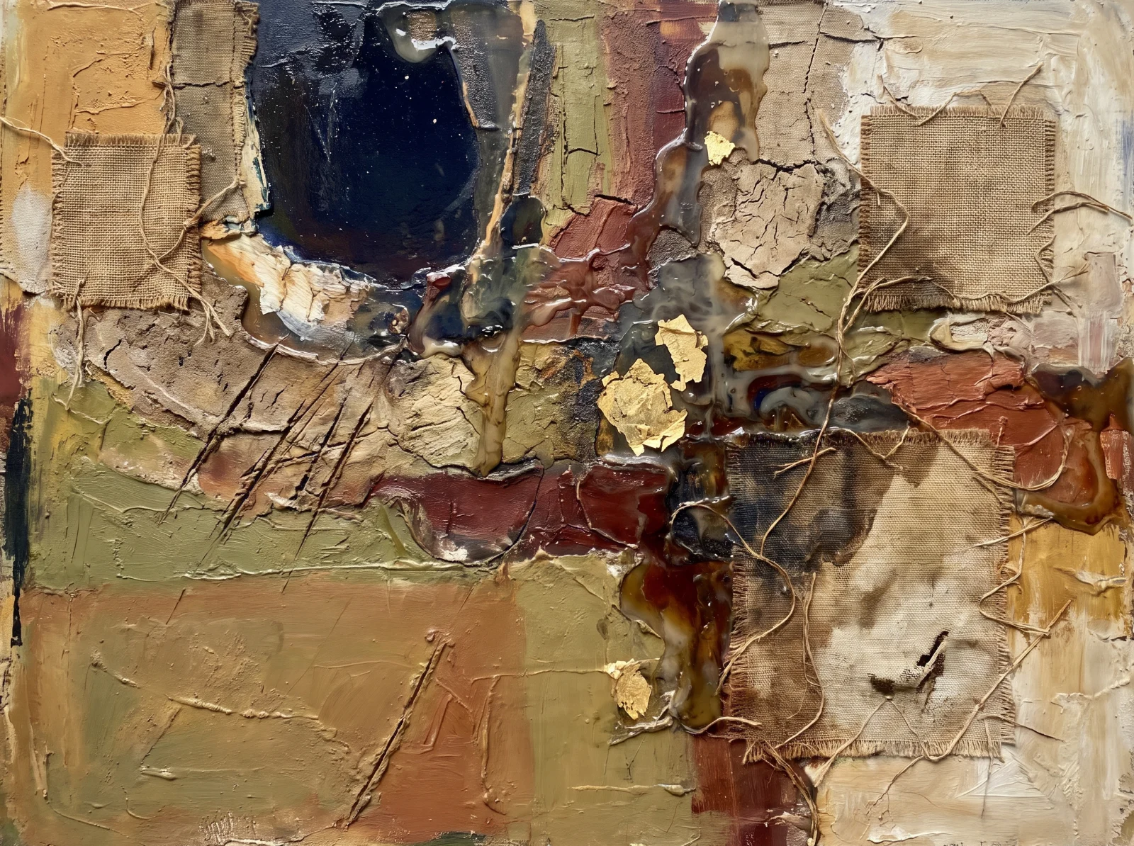 Terra Aurea, Sand, burlap, oil, resin and gold leaf on canvas